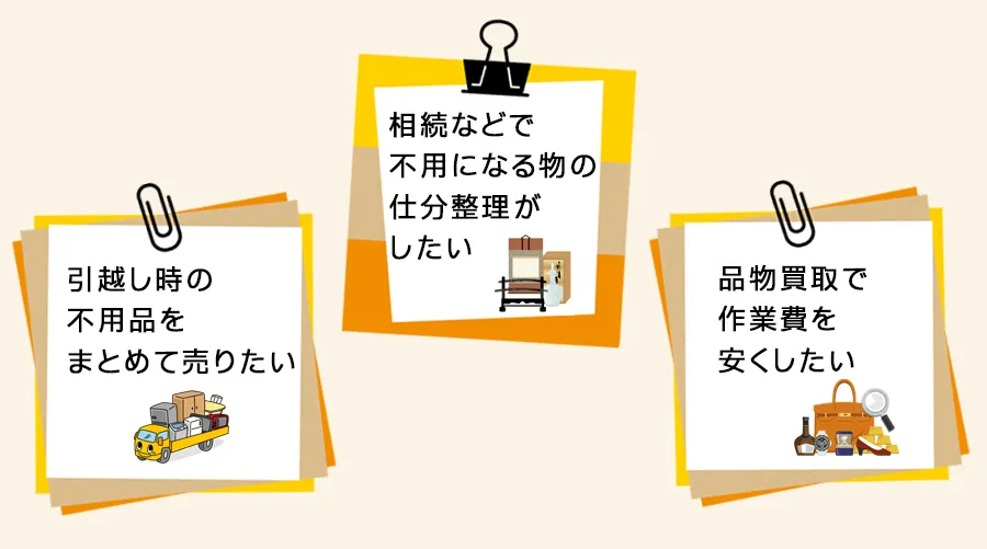 相続などで不要になる物の仕分け整理がしたい。引越し時の不用品んをまとめて売りたい。品物買取で作業費を安くしたい。