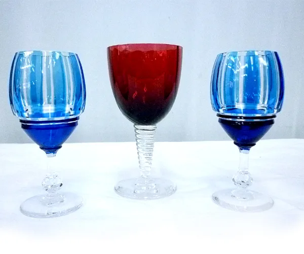サン・ルイ/SaintLouis◆綺麗なブルー＆レッド/ワイングラス◆3個セット・中古・美品